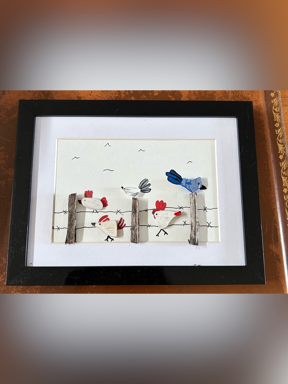 Framed Coastal Porcelain and jewelled Bird Art -6”x8”